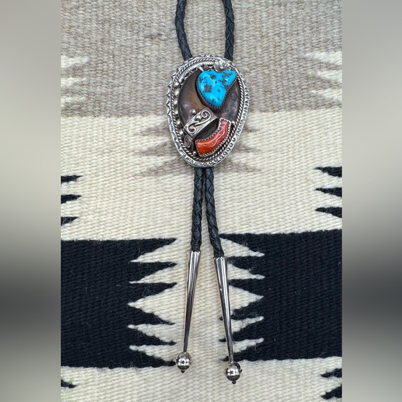 Sam Begay Navajo Native American Sterling Silver Turquoise Coral Bolo Tie - Picture 4 of 9